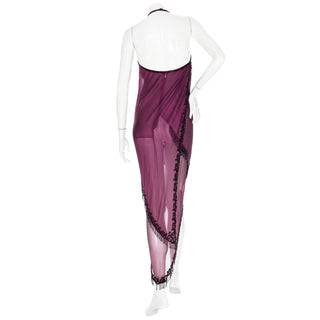 1980s Purple Silk Beaded Semi Sheer Halter Neck Dress