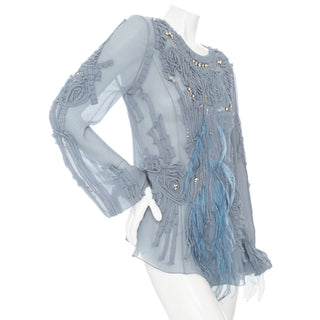 Blue Semi Sheer Rosette Rhinestone and Feather-Embellished Blouse