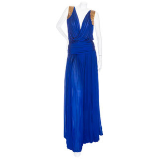 2005 Blue Silk Gold Beaded Semi Sheer Draped Gown