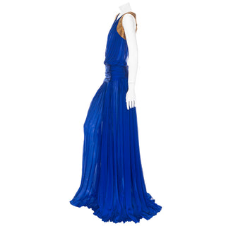 2005 Blue Silk Gold Beaded Semi Sheer Draped Gown