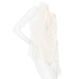 2002 Cream Silk Lace Trim Ascot-Tie Sleeveless Blouse