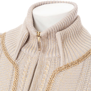2008 Beige and Gold-Brushed Chain-Trim Knit Cardigan