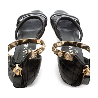 Black Leather Quilted Gold-Tone Charm Sandals 37