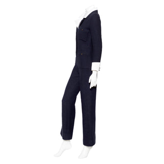 1990s Navy Blue Wool and Satin Collared Jumpsuit