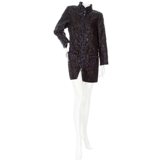 2016 Blue and Black Silk-Blend Camelia Brocade Jacket