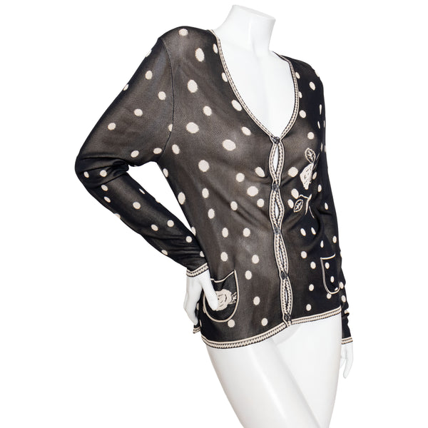Chanel 2002 Knit Polka Dot and Camellia Patterned Cardigan