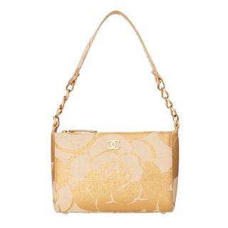 2003 Raffia Gold Camellia Print Shoulder Bag