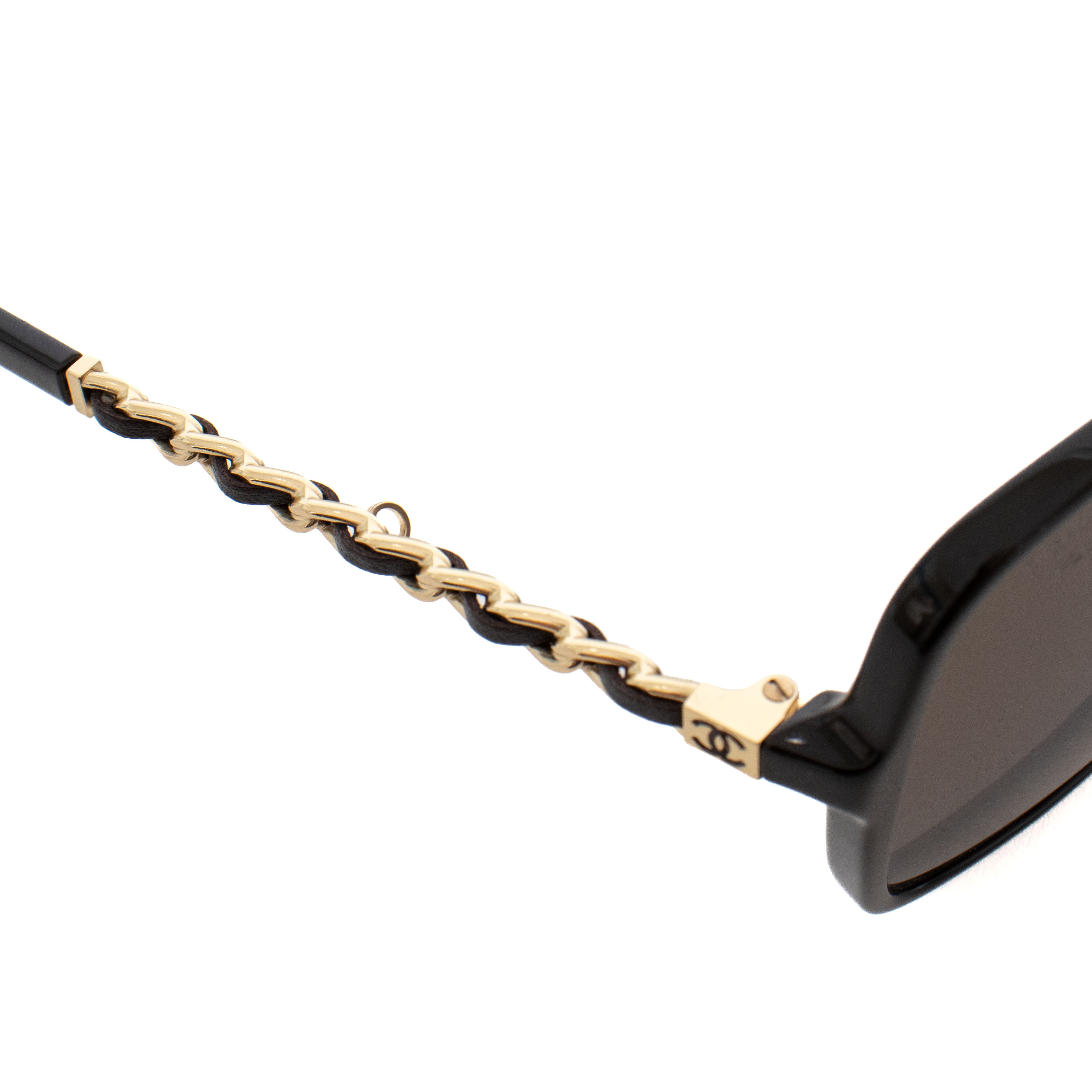 CHANEL Acetate Metal Calfskin Square Chain Sunglasses 5210-Q Black