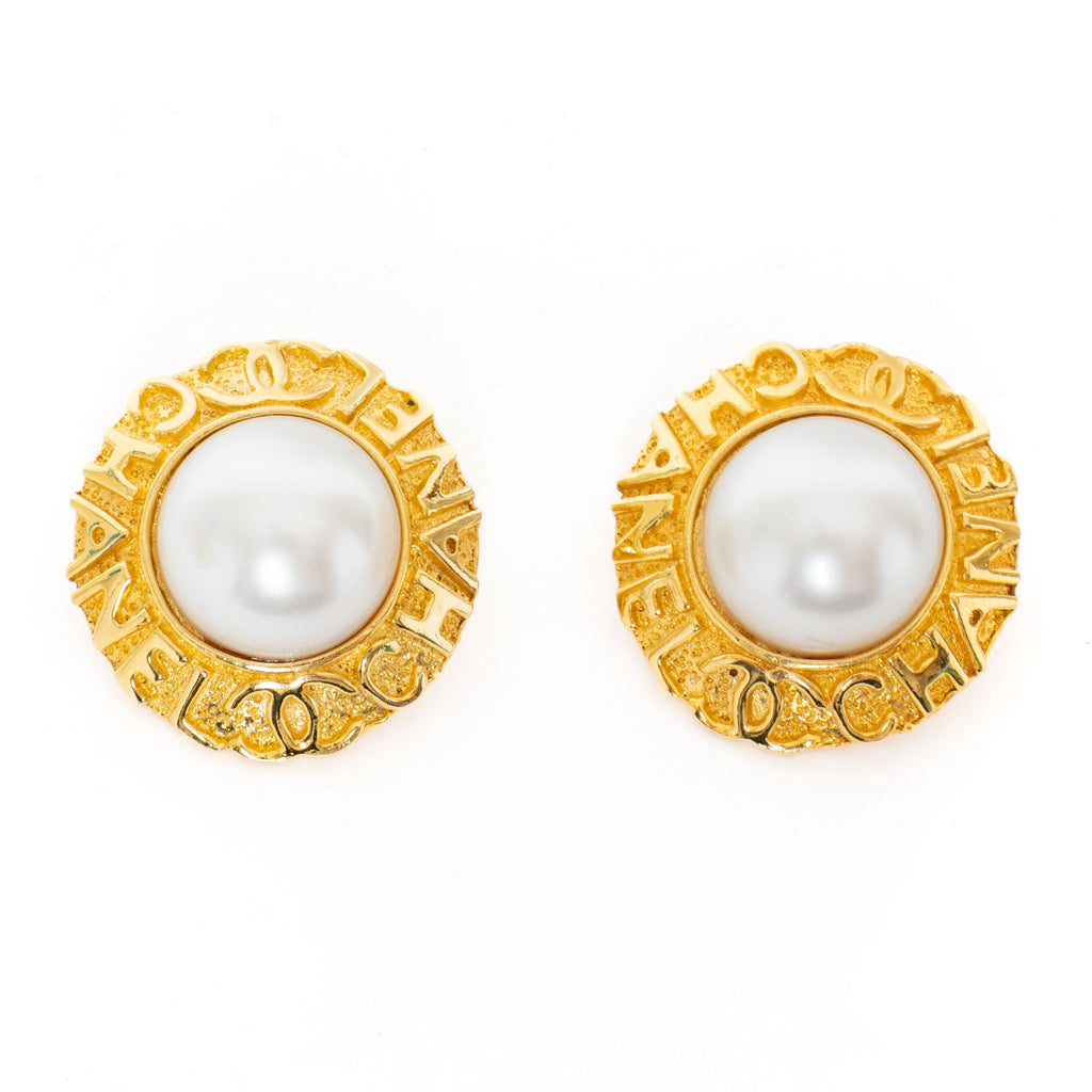 Vintage Chanel Faux pearl clip on earrings, Gold tone, c1980s