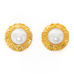 Chanel Gold-Tone Pearl Logo Clip On Earrings
