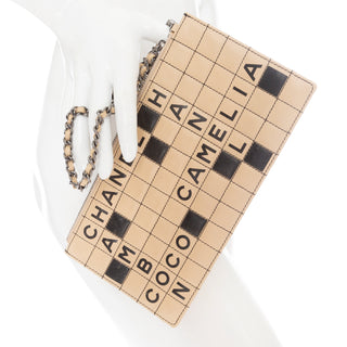 2000s Beige and Black Leather Crossword Camelia Pochette