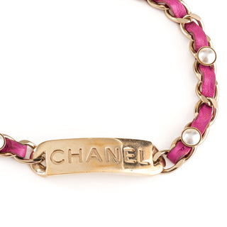 Pink Leather and Gold-Tone Chain Pearl Plate Logo Necklace