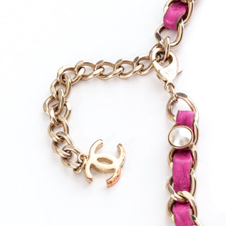 Pink Leather and Gold-Tone Chain Pearl Plate Logo Necklace