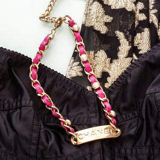 Pink Leather and Gold-Tone Chain Pearl Plate Logo Necklace