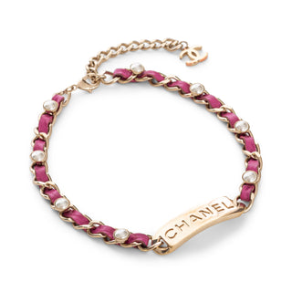 Pink Leather and Gold-Tone Chain Pearl Plate Logo Necklace