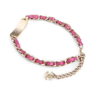 Pink Leather and Gold-Tone Chain Pearl Plate Logo Necklace