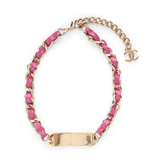 Pink Leather and Gold-Tone Chain Pearl Plate Logo Necklace