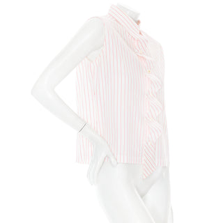 2002 White Cotton Pink Striped CC Button Up Ruffled Shirt