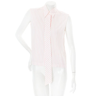 2002 White Cotton Pink Striped CC Button Up Ruffled Shirt