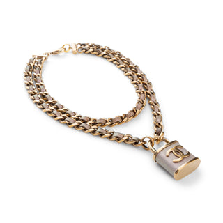 Iridescent Purple Leather and Gold-Tone Chain Double Strand CC Padlock Necklace