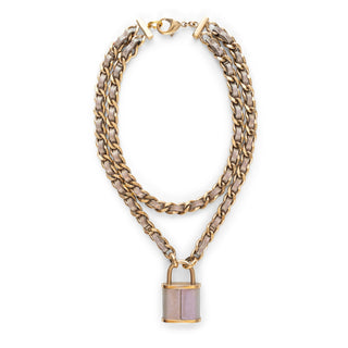 Iridescent Purple Leather and Gold-Tone Chain Double Strand CC Padlock Necklace