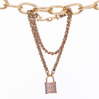 Iridescent Purple Leather and Gold-Tone Chain Double Strand CC Padlock Necklace