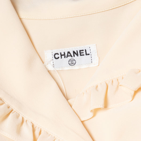 Chanel Cream Ruffle Trim Crystal Button Blouse