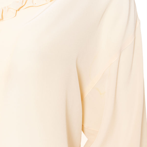 Chanel Cream Ruffle Trim Crystal Button Blouse