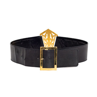 1990s Black Leather 24k Gold-Plated Filigree Belt