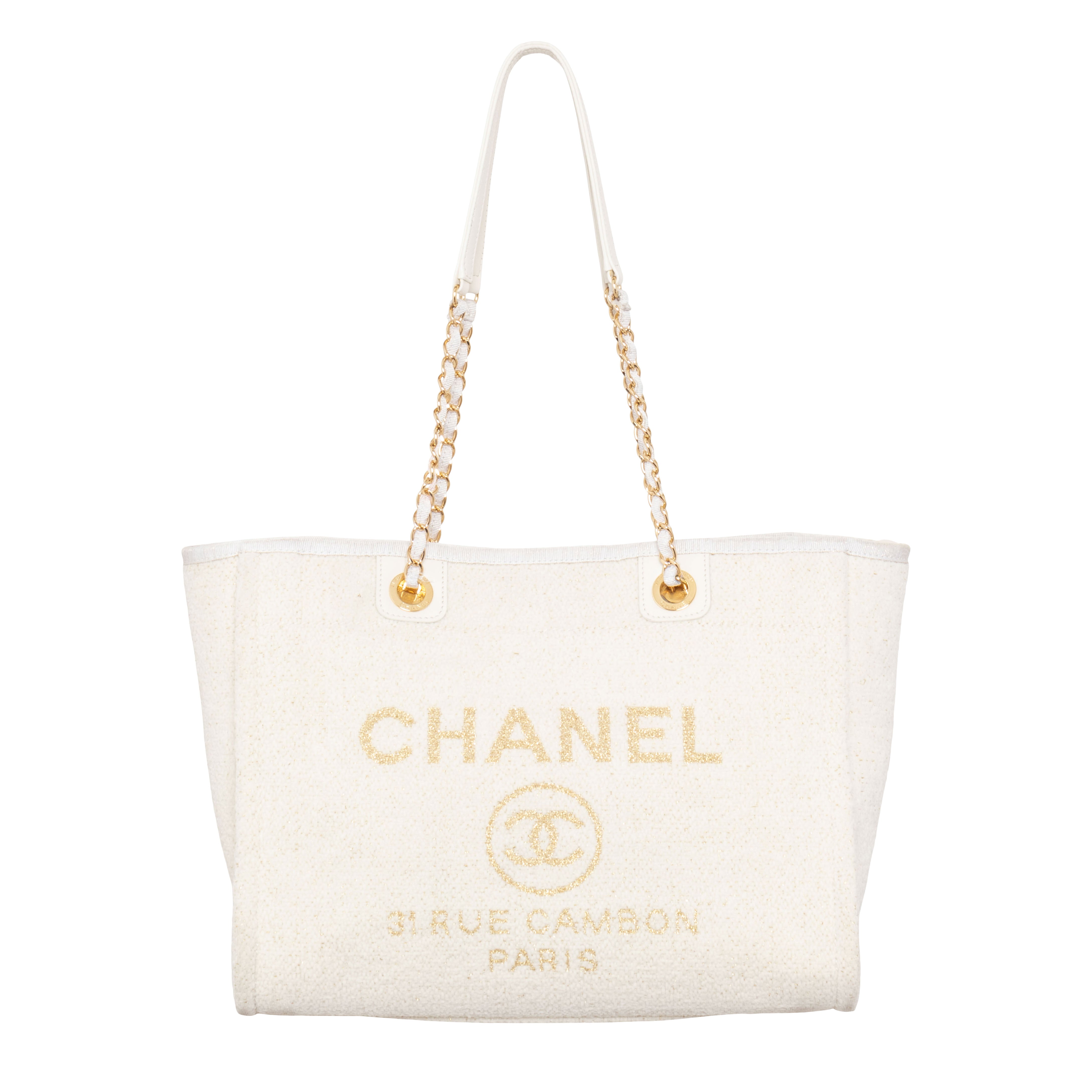 CHANEL Deauville Small Lurex Boucle Canvas Tote Bag Grey