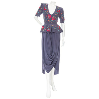 1970s Dusty Blue Silk Two-Piece Beaded Floral Draped Dress
