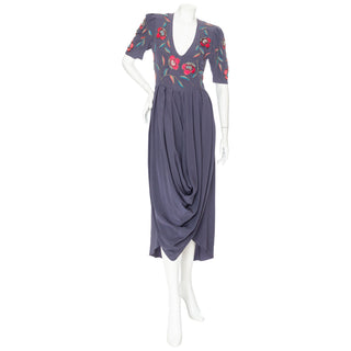 1970s Dusty Blue Silk Two-Piece Beaded Floral Draped Dress