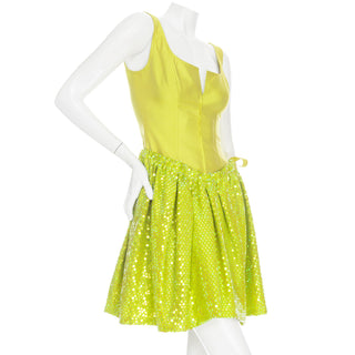 1990s Lime Silk and Sequin Skater Dress NWT