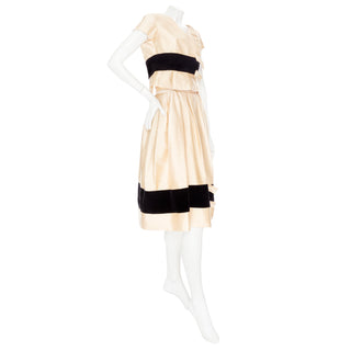 Vintage Cream and Black Satin and Velvet Bow Adorned Dress