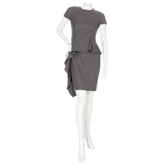 Grey ruffled peplum dress by Christian Dior for sale at vintage and consignment store "Decades" in Los Angles