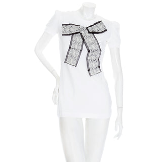 White Cotton Black Ribbon and Lace Bow Tee