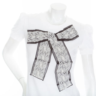 White Cotton Black Ribbon and Lace Bow Tee