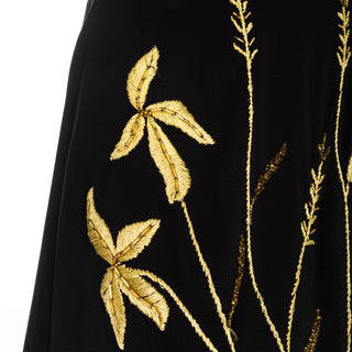 1998 Black Silk Gold Embroidered Floral A-Line Skirt