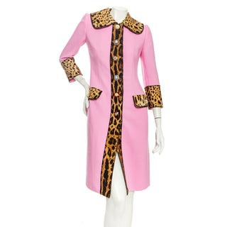 Pink Wool-Blend Leopard Print Bejeweled Coat