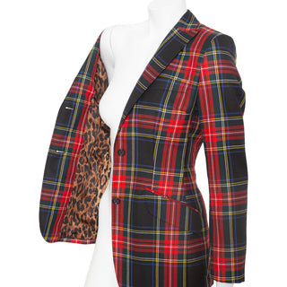 Red and Navy Wool-Blend Tartan Leopard Print Blazer
