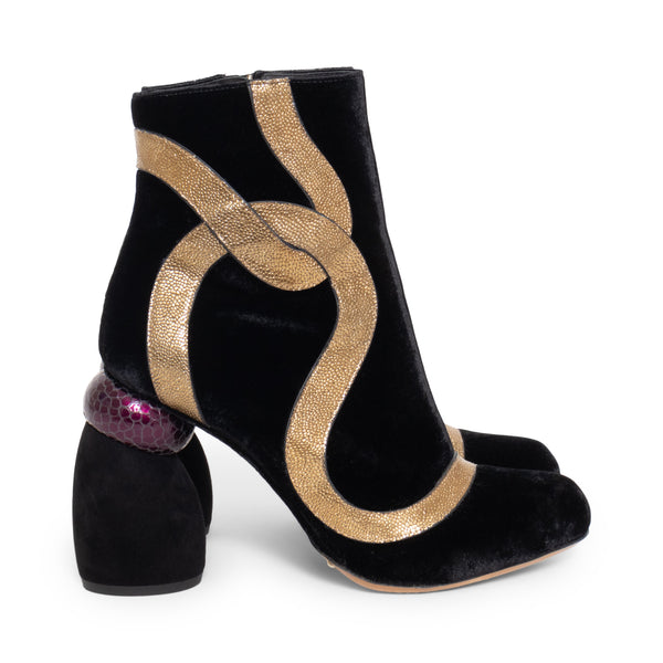 Dries Van Noten Black Velvet and Metallic Appliqué Boots