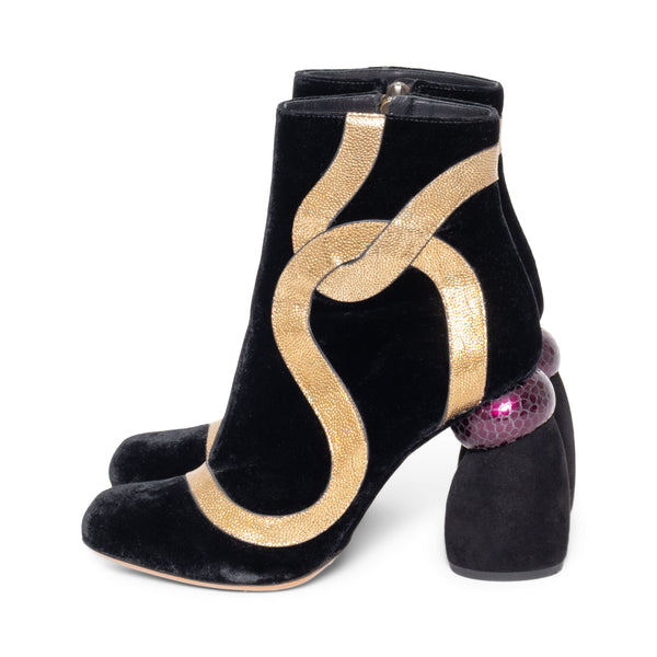 Dries Van Noten Black Velvet and Metallic Appliqué Boots