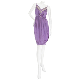 1960s Lilac Satin Floral Bead Embellished Dress