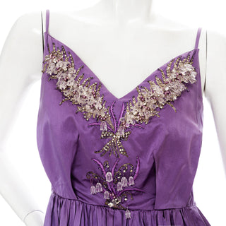 1960s Lilac Satin Floral Bead Embellished Dress