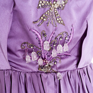 1960s Lilac Satin Floral Bead Embellished Dress