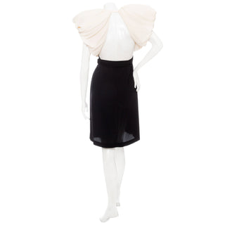 1980s Black and Cream Puff Sleeve Pleated Open Back Dress