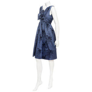 1960s Blue Silk Floral Embroidered Bow Dress