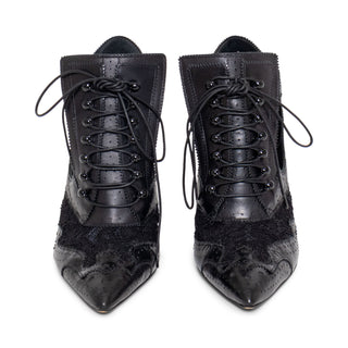 Black Leather and Lace Cutout Ankle Boots 38