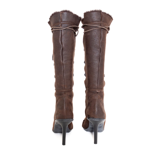 Gucci Knee High Brown Suede and Fur Lined Boots