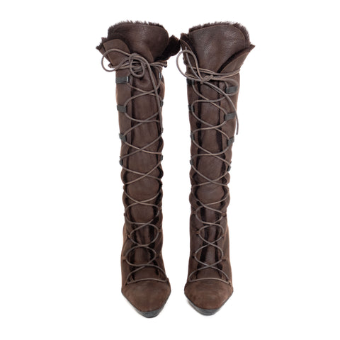 Gucci Knee High Brown Suede and Fur Lined Boots
